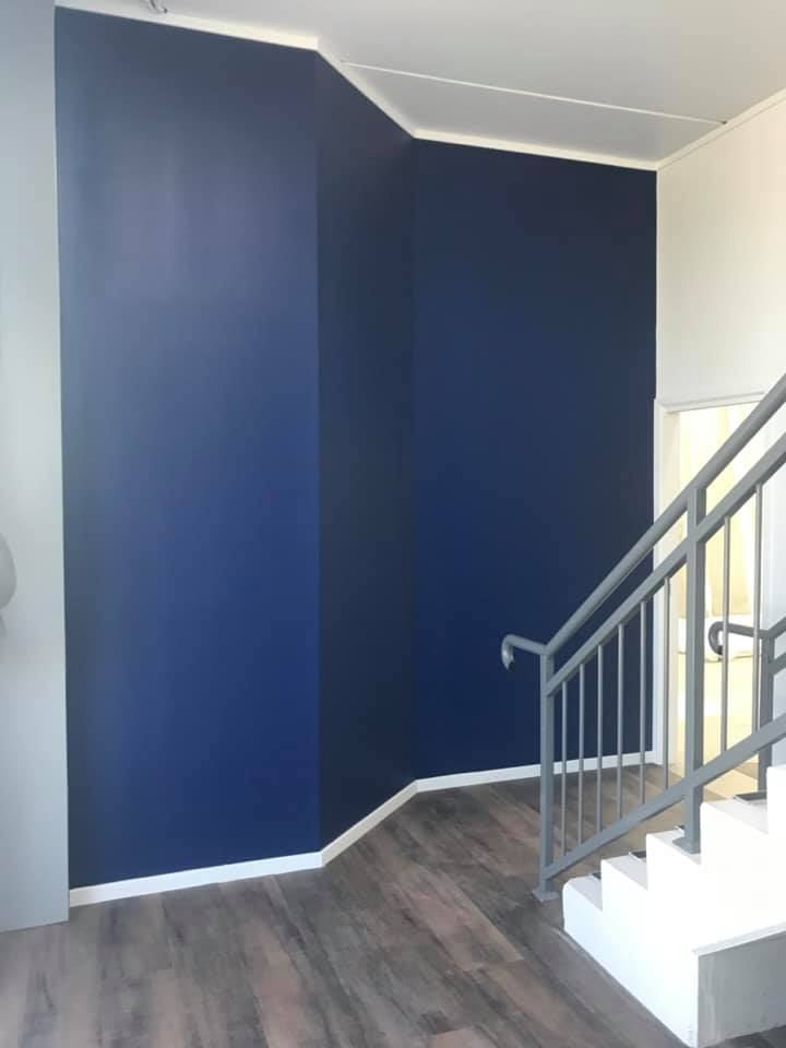 Navy feature wall and staircase